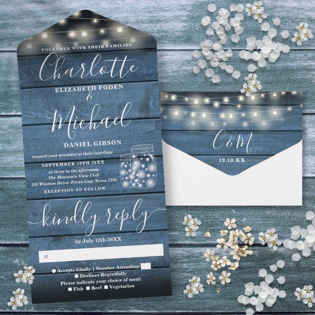 Luzes de Corda Potes de Pedra Azul Casamento de Ma (String Lights Mason Jars Blue Rustic Wood Wedding All In One Invitation)