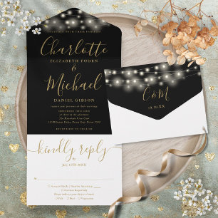 Luzes de Corda Preta e Dourada Casamento Chic Scri