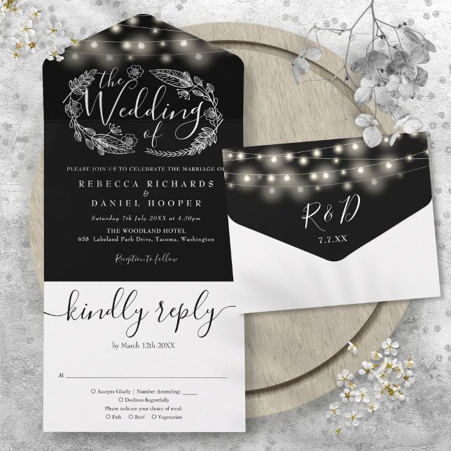 Luzes de Corda Pretas e Brancas para Casamento em  (Black And White String Lights Foliage Wedding All In One Invitation)