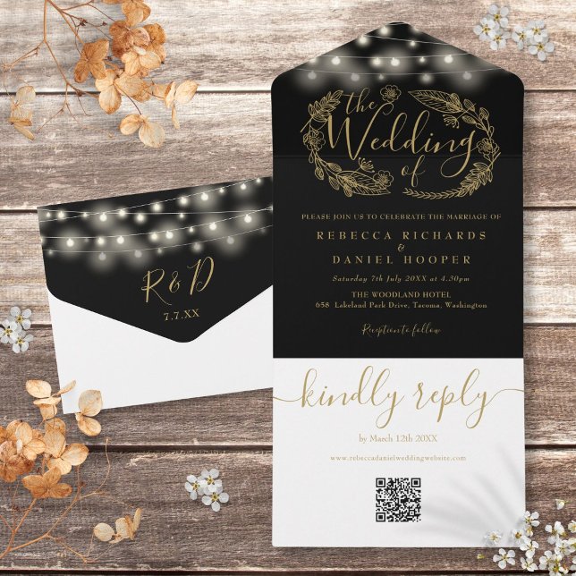 Luzes de Corda Pretas e Douradas Código QR Casamen (Black And Gold String Lights QR Code Wedding All In One Invitation)