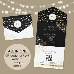 Luzes de Corda Pretas e Douradas QR Foto Casamento