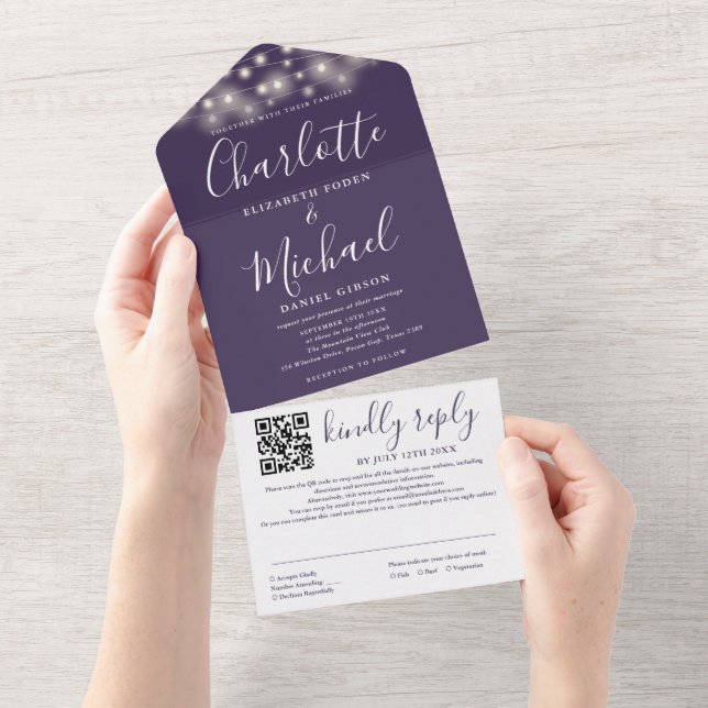 Luzes de Corda Roxo Código QR Casamento (Aba destacável)