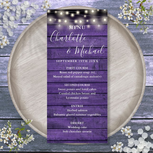 Luzes de Corda Roxo Menu de Casamento de Madeira R (String Lights Purple Rustic Wood Wedding Menu)