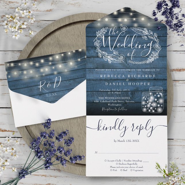 Luzes de Corda Rústicas Azuis em Jarros de Pedra p (Blue Rustic String Lights Mason Jar Floral Wedding All In One Invitation)