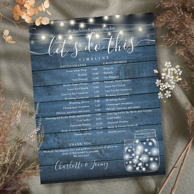 Luzes de Corda Rústicas Azuis Programa de Casament (Blue Rustic String Lights Wedding Program Timeline)