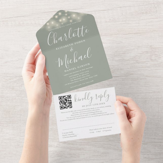 Luzes de Corda Verde Musgo Código QR Casamento (Aba destacável)