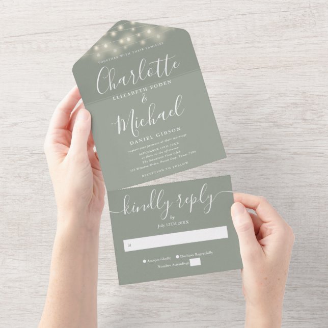 Luzes de Corda Verde Sage Casamento Moderno Script (Aba destacável)