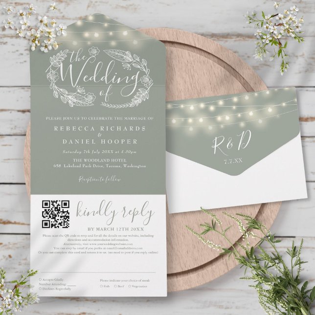 Luzes de Corda Verde Sage Código QR Floral Casamen (Sage Green String Lights Floral QR Code Wedding All In One Invitation)