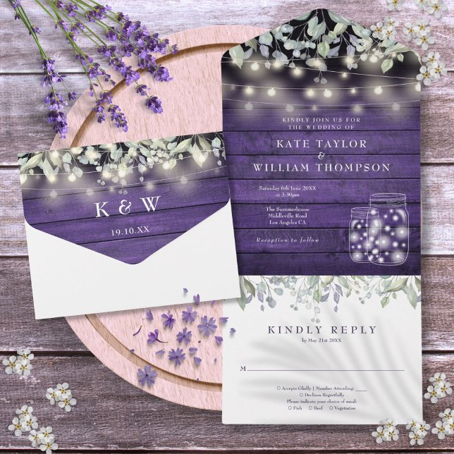 Luzes de Jarras de Mason Florais Roxas Monograma C (Purple Floral Mason Jars Lights Monogram Wedding All In One Invitation)