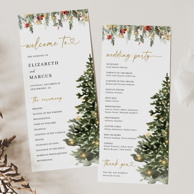 Luzes de Natal em Pinheiro Programa de Casamento d (Christmas wedding program with watercolor pine tree and winter greenery, elegant holiday ceremony)