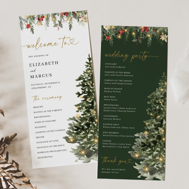 Luzes de Natal em Pinheiro Programa de Casamento d (Christmas wedding program with watercolor pine tree and winter greenery, elegant holiday ceremony)