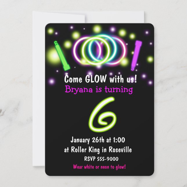Luzes GLOW Festa de aniversário Idade 6 Convite (Frente)