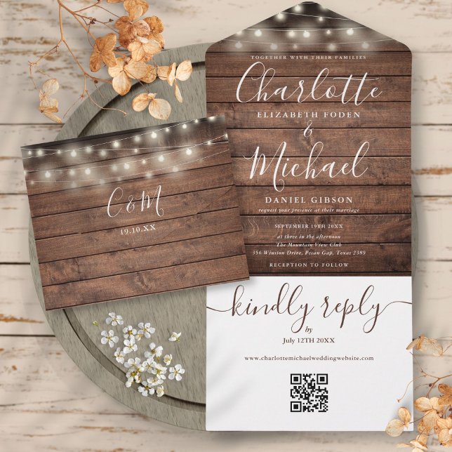Luzes Rústicas de Corda Código QR Monograma Casame (Rustic String Lights QR Code Monogram Wedding All In One Invitation)