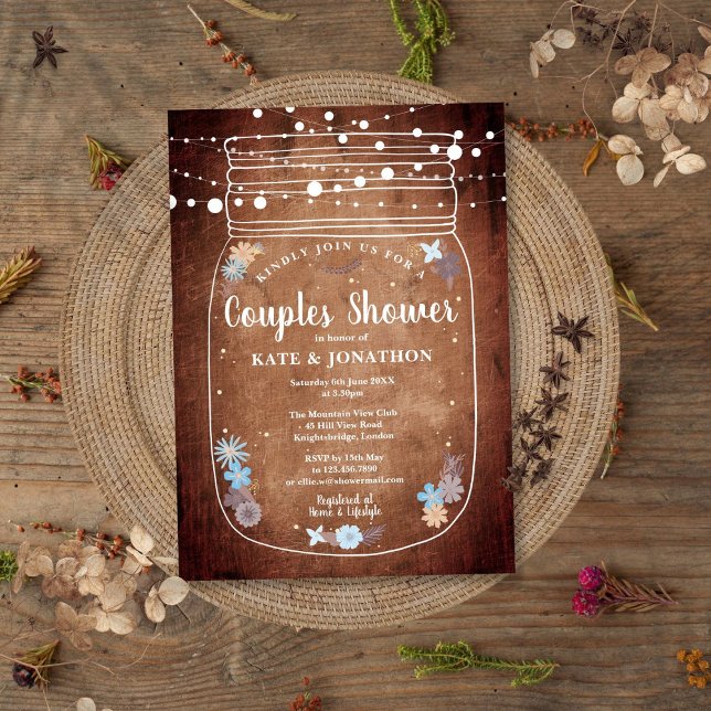Luzes Rústicas de Corda Convite de Chá de Casal em (Rustic String Lights Mason Jar Couples Shower Invitation)