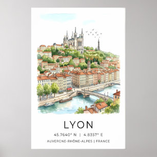 Lyon Cidade Impressão Aquarela Skyline e Pedra