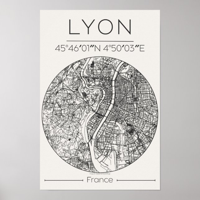 Lyon City Map Poster – Minimal Charcoal Wall Art (Frente)