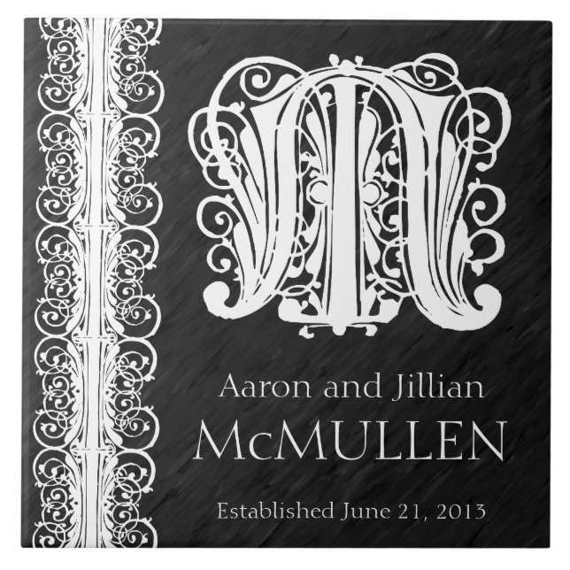 M Monograma - Azulejo de Casamento "White Lace on  (Frente)