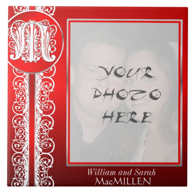 M Monograma "White Lace on Red" com Photo - Azulej (Frente)