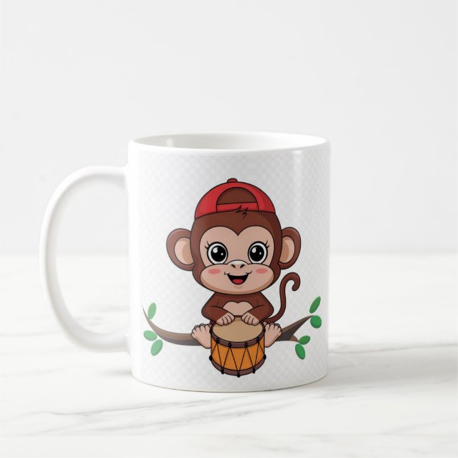 Macaco bonito tocando uma caneca de tambor (Esquerda)