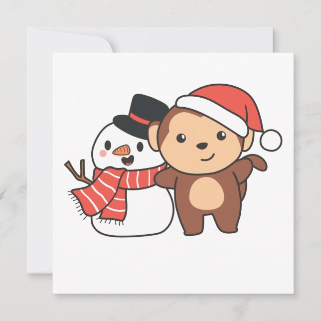 Macaco Com Boneco de Neve No Inverno Para Convite  (Frente)
