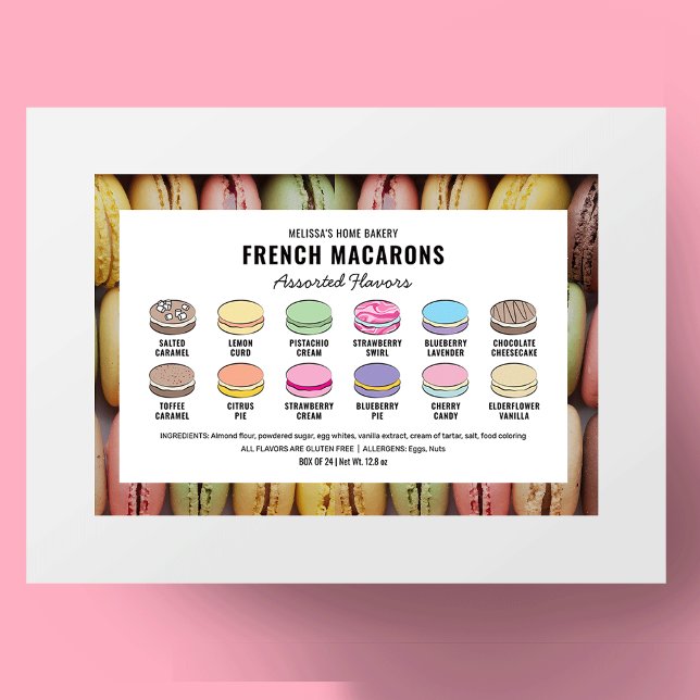 Macarons Flavor Menu Etiqueta Cores Personalizadas (Macaron Flavors Product Label with macarons clipart which allow you to edit all colors and text)