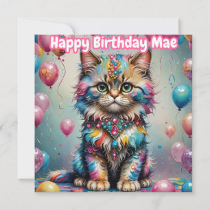 MAE ~ Cartão de Kitten de Aniversário ~ Azul Rosa 