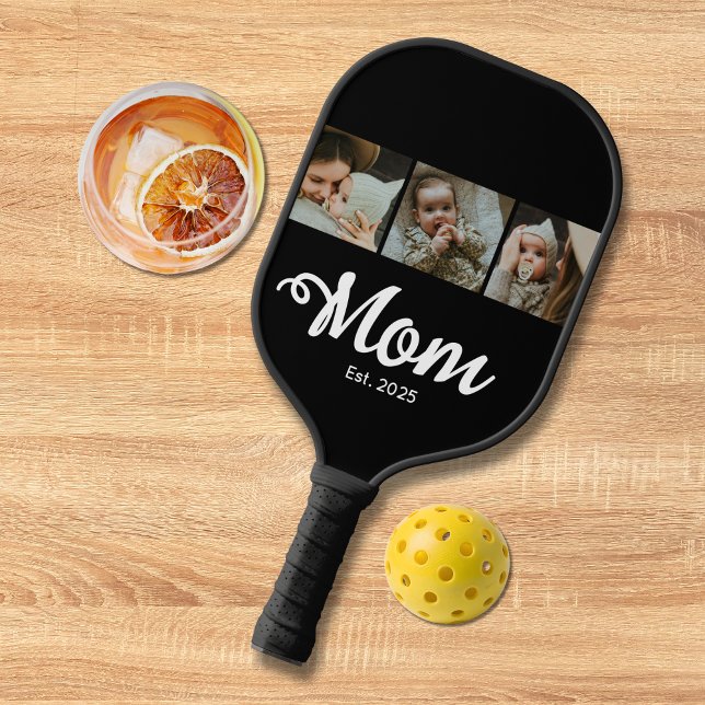Mãe Estabeleceu Moderno Script Negrito Preto 3 Fot (Mom Established Modern Bold Script 3 Photo Black White Pickleball Paddle with Photos, Mom, Years.)