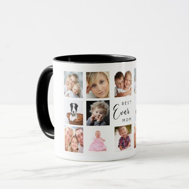 Mãe mãe foto colagem branca caneca preta (Frente Esquerda)