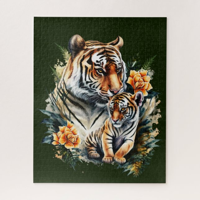 Mãe Tiger com seu Quebra-cabeça de Cubo (Vertical)