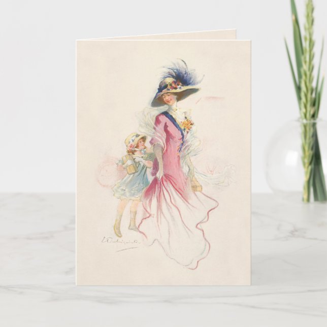 Mãe vitoriana sorridente e Cartão de Férias Filha (Frente)