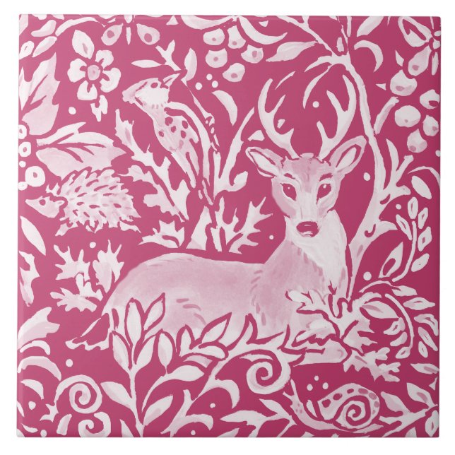 Magenta Deer Hedgehog Bird Nature Woodland Floral (Frente)