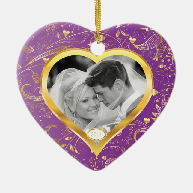 Magenta Dourado do coração do primeiro ornamento (Frente)