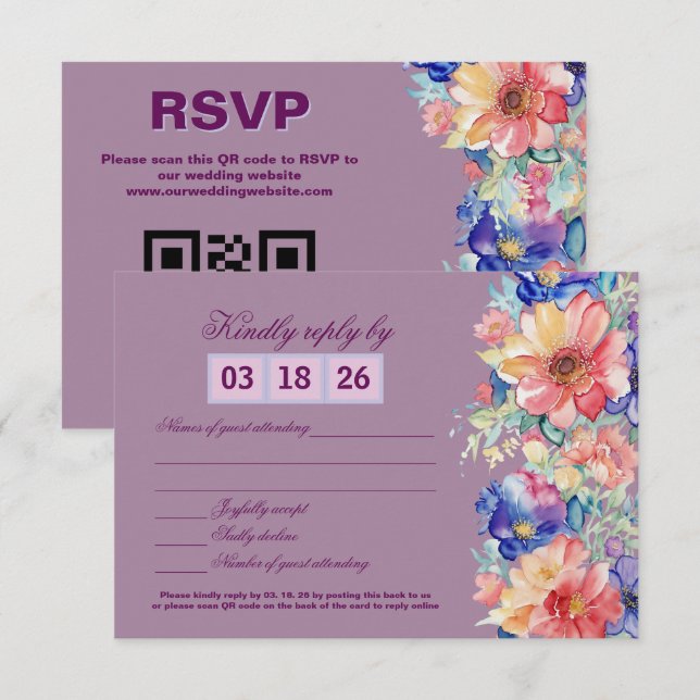 Magenta Floral Wedding RSVP Card (Frente/Verso)