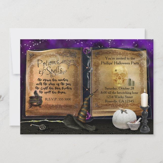 MAGIC SPELL BOOK Halloween Convite de festas (Frente)