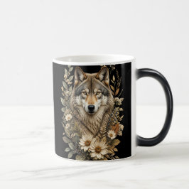 Mágica Caneca com um lobo majestoso e natureza floral