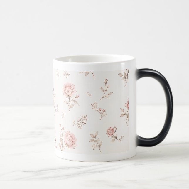 Mágica Caneca de Café com Padrão Floral Rosa Empoeirado V (Direita)