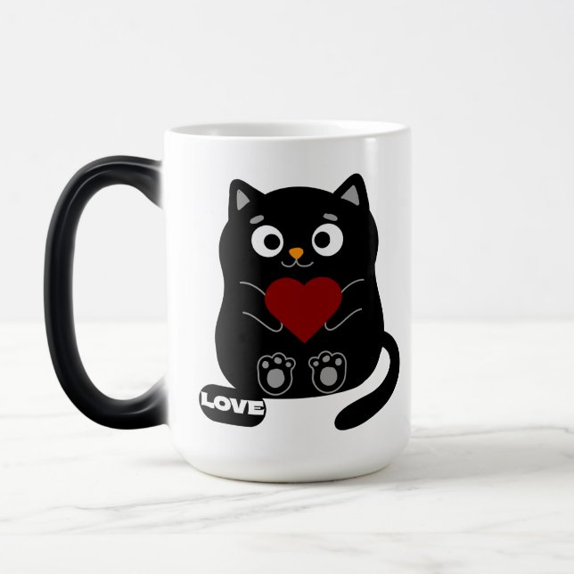 Mágica Caneca de Gato Preta e Bonita com Coração Vermelho (Esquerda)