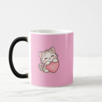 Mágica Caneca Rosa Coração com Gatinho Fofo – Adorável Ga