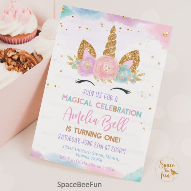 Mágica do Unicórnio Convite de Aniversário do Unic (Unicorn Birthday Invitation Unicorn Party Magical Party Invite Rainbow Unicorn First Birthday)