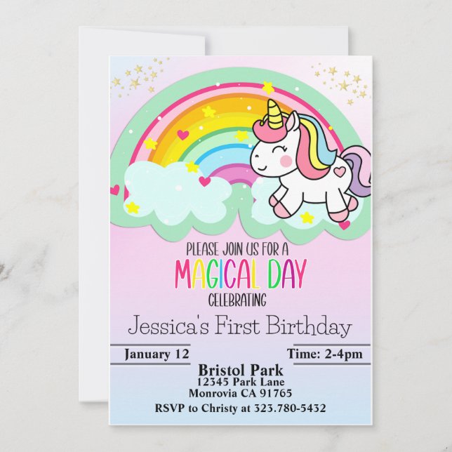Magical Rainbow unicorn Primeiro Convite de Aniver (Frente)