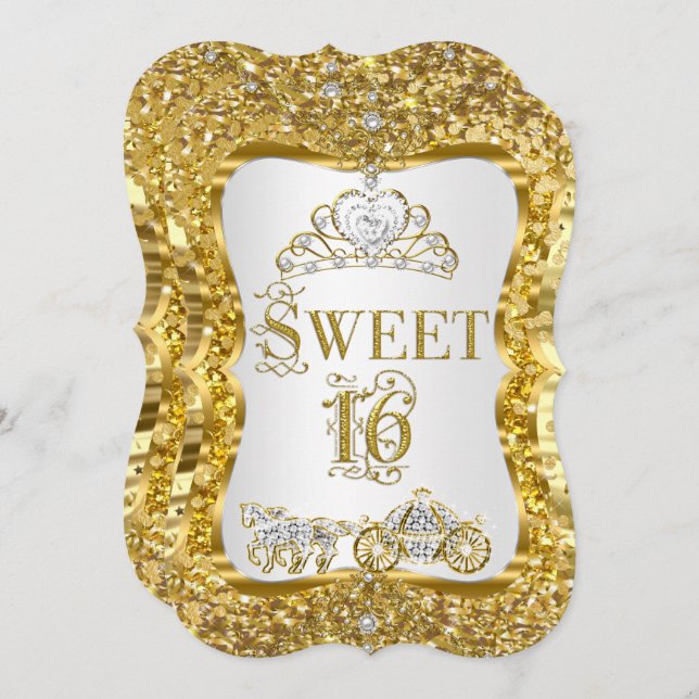 Magical Tiara Princess Sweet 16 Dourado Convite Br (Frente/Verso)
