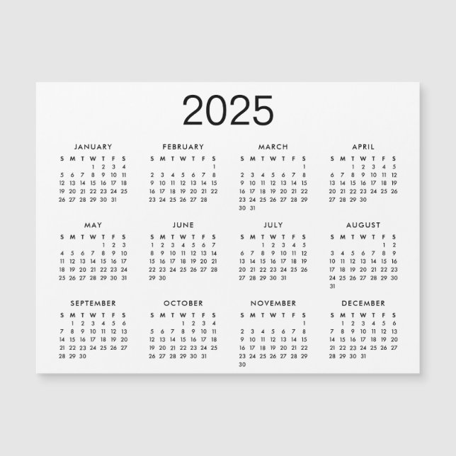 Magnet De Calendário Clássico Preto E Branco 2025 (Frente)
