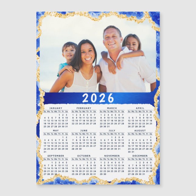 Magneta de fotos do calendário 2026 em cores azuis (Frente)