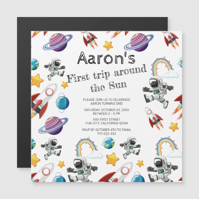 Magnético Astronauta Espacial Primeiro Convite de aniversári (Frente/Verso)