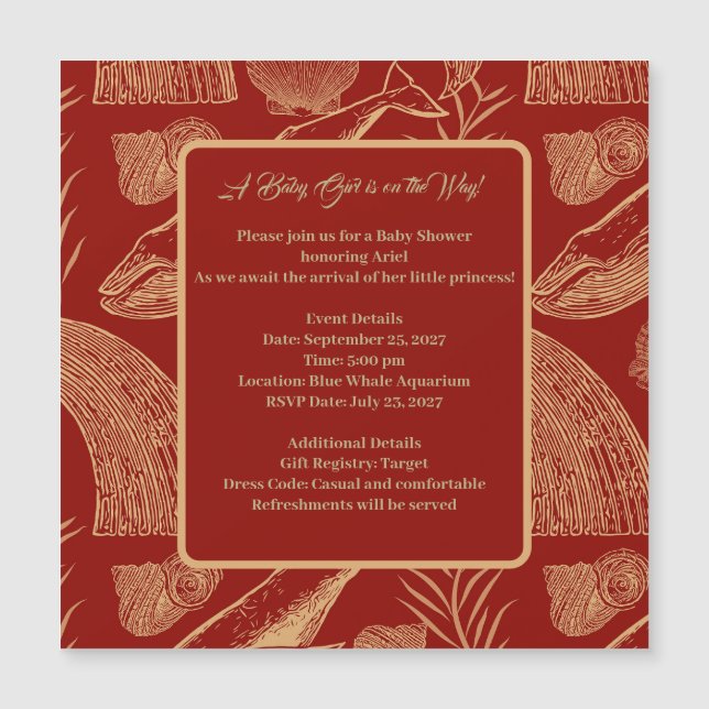 Magnético Convite à Chá de fraldas Vermelho de Baleia Náutic (Frente)