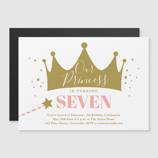 Magnético Convite de Aniversário Rosa de Princesa Fofa e Fem (Frente/Verso)