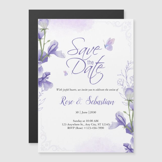 Magnético Convite de Casamento Boho Floral & Roxo (Frente/Verso)