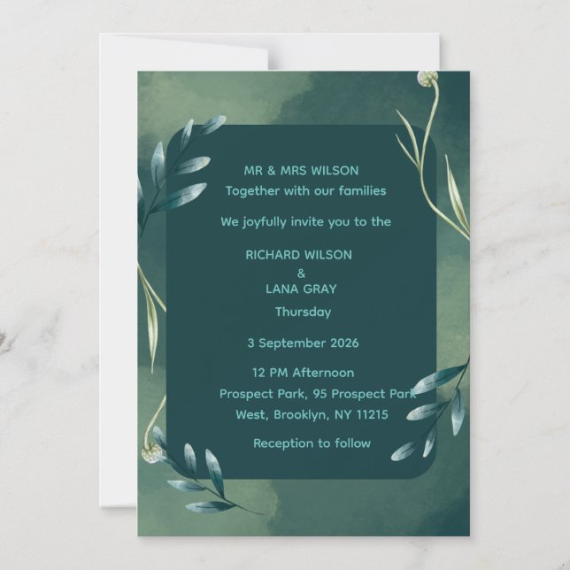 Magnético Convite de Casamento Botânico Verde Esmeralda Eleg (Frente)