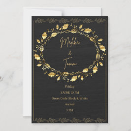 Magnético Convite de Casamento Elegante Preto e Folha Dourad