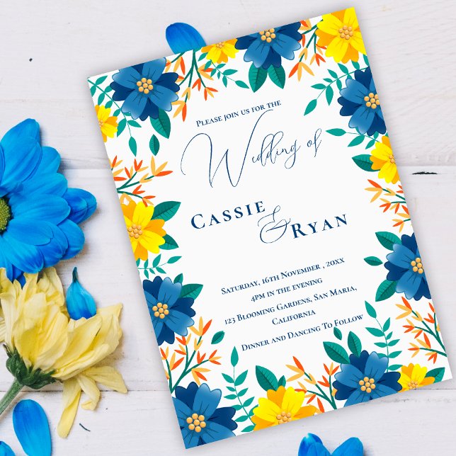 Magnético Convite de Casamento Floral Azul Romântico Amarelo (Romantic Blue Yellow Floral Wedding Invitation)